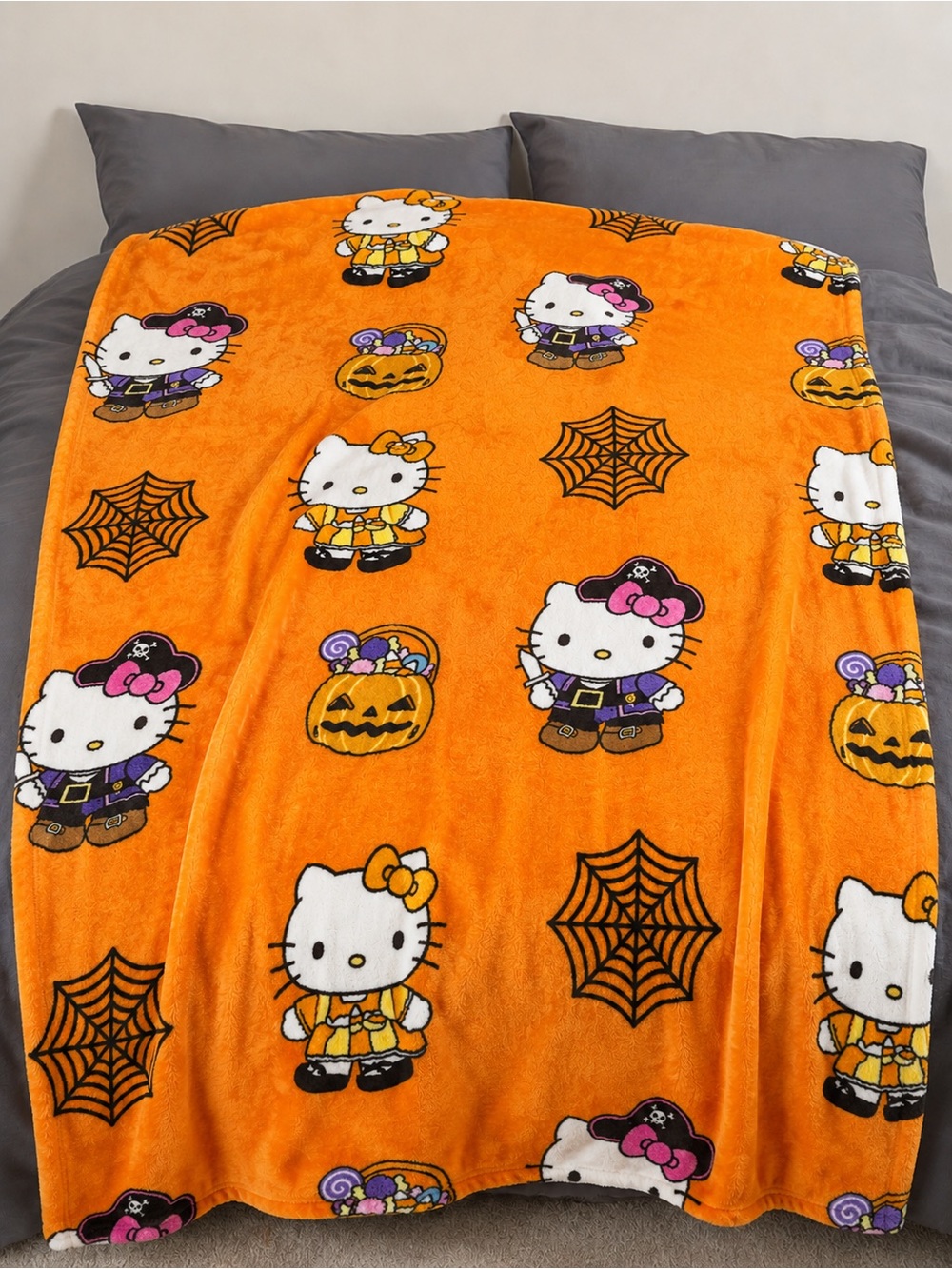 Hello Kitty Orange Halloween Plush Throw Blanket with Pumpkins and Spiders
